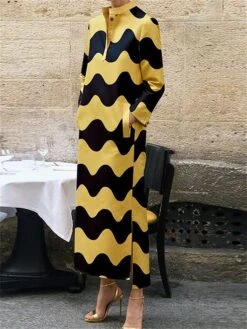 Women's Casual Dress Winter Dress Print Dress Polka Dot Stripe Button Pocket Stand Collar Long Dress Maxi Dress Fashion Classic Outdoor Daily Long Sleeve Loose Fit Black Yellow Green Fall Winter S M