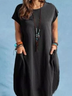 Women's Plus Size Apple Shaped Dress Curve Shift Dress Solid Color Round Neck Short Sleeve Spring Summer Casual Knee Length Dress Casual Daily Dress -Casual Print Dress Sales gjshkr1655290199390