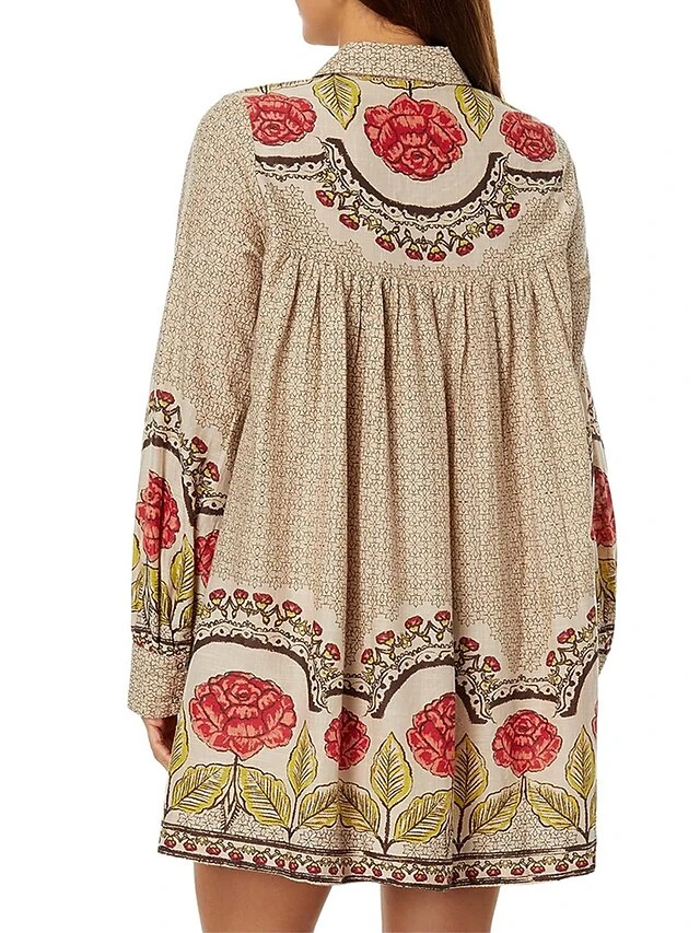 Women's Shirt Dress Casual Dress Mini Dress Outdoor Daily Vacation Polyester Vintage Retro Shirt Collar Button Print Long Sleeve Spring Fall 2023 Loose Fit Apricot Floral S M L XL 2XL 4 Women's Shirt Dress Casual Dress Mini Dress Outdoor Daily Vacation Polyester Vintage Retro Shirt Collar Button Print Long Sleeve Spring Fall 2023 Loose Fit Apricot Floral S M L XL 2XL - Image 4