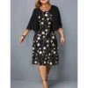 Women‘s Plus Size Curve Easter Dress A Line Dress U Neck Ruched 3/4 Length Sleeve Spring Fall Basic Midi Dress Daily Vacation Dress Cotton