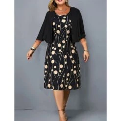 Women‘s Plus Size Curve Easter Dress A Line Dress U Neck Ruched 3/4 Length Sleeve Spring Fall Basic Midi Dress Daily Vacation Dress Cotton