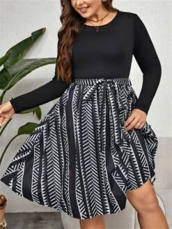 Women's Plus Size Curve Party Dress Winter Dress Black Dress Geometric Midi Dress Long Sleeve Patchwork Bow Crew Neck Fashion Party Black Fall Winter XL XXL 3XL 4XL -Casual Print Dress Sales gkifzt1695103069913