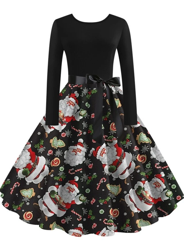 Women's ChristmasSkater DressKnee Length Dress Light Yellow Green White Light Red Dark Blue Red Long Sleeve Snowman Tree Snowflake Bow Print Fall Winter Crew Neck Vintage Party 2022 S 3 Women's ChristmasSkater DressKnee Length Dress Light Yellow Green White Light Red Dark Blue Red Long Sleeve Snowman Tree Snowflake Bow Print Fall Winter Crew Neck Vintage Party 2022 S - Image 3