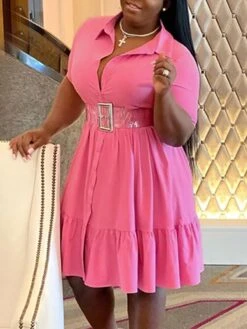 Women‘s Plus Size Curve Shirt Dress Solid Color Shirt Collar Ruffle Half Sleeve Spring Summer Casual Knee Length Dress Daily Holiday Dress -Casual Print Dress Sales gkwbkp1656491039515