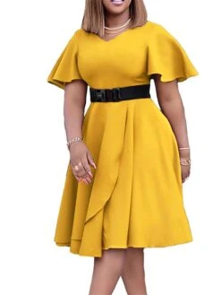 Women‘s Plus Size Curve Flattering Dresses Elegant Apple Shaped Dress Wedding Guest Work Dress Pure Color V Neck Ruffle Short Sleeve Spring Fall Work Knee Length Dress Going Out Work Dress -Casual Print Dress Sales gkygjb1666680380225