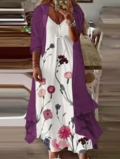 Women‘s Plus Size Curve Elegant Apple Shaped Dress Wedding Guest Casual Dress Floral V Neck Print Sleeve Spring Fall Casual Maxi Long Dress Casual Daily Dress