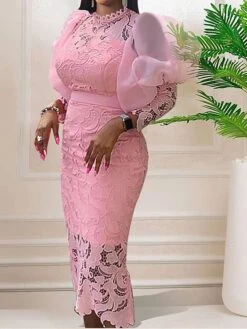 Women‘s Plus Size Curve Party Dress Lace Dress Cocktail Dress Midi Dress White Pink Long Sleeve Pure Color Lace Spring Fall Winter Stand Collar Fashion Wedding Guest Vacation Fall Dress 2023 -Casual Print Dress Sales glvrur1690946615435