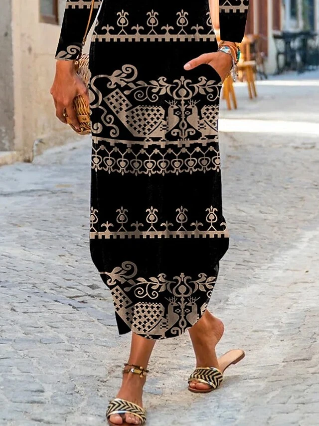 Women's Casual Dress Print Dress Floral Tribal Pocket Print Crew Neck Long Dress Maxi Dress Fashion Streetwear Outdoor Daily Long Sleeve Regular Fit Yellow Fall S M L XL XXL 3 Women's Casual Dress Print Dress Floral Tribal Pocket Print Crew Neck Long Dress Maxi Dress Fashion Streetwear Outdoor Daily Long Sleeve Regular Fit Yellow Fall S M L XL XXL - Image 3