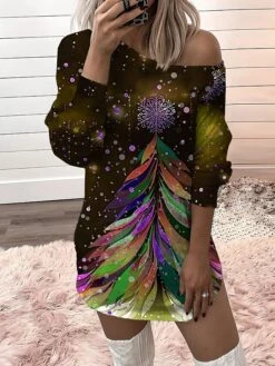 Women‘s Christmas Casual Dress Sweatshirt Dress Mini Dress Warm Fashion Outdoor Holiday Crew Neck Print Tree Loose Fit Black Blue Gold S M L XL XXL -Casual Print Dress Sales gmotir1694157649567