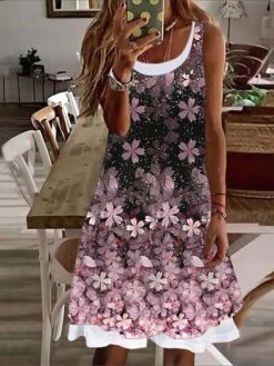 Casual Print Dress Sales 7 Women's Casual Dress Midi Dress Pink Purple Fuchsia Sleeveless Print Fake Two Piece Summer Spring Crew Neck Casual 2023 S M L XL XXL 3XL