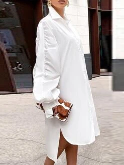 Women's Plus Size Shirt Dress Casual Dress Shift Dress Midi Dress Outdoor Office Daily Polyester Basic Classic Shirt Collar Button Long Sleeve Spring Fall Winter 2023 Loose Fit White Plain Pure Color