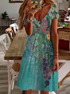 Women's Casual Dress Summer Dress Print Dress Floral Ombre Print V Neck Mini Dress Active Fashion Outdoor Daily Short Sleeve Regular Fit White Pink Blue Summer Spring S M L XL XXL -Casual Print Dress Sales gnbdbc1684141771066