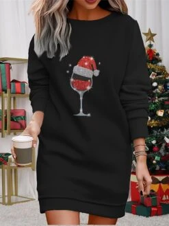 Women's Christmas Casual Dress Sweatshirt Dress Mini Dress Warm Fashion OutdoorVacation Crew Neck Printhat Loose Fit Black Wine Red S M L XL XXL -Casual Print Dress Sales gnlrbv1695365296685