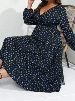 Women's Plus Size Curve Party Dress Wedding Guest Dress Swing Dress Midi Dress Dark Blue Long Sleeve Floral Print Spring Fall Winter V Neck Fashion Winter Dress Birthday Wedding Guest XL XXL 3XL 4XL -Casual Print Dress Sales gnmcdg1692171335076