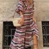 Women's Casual Dress Swing Dress Boho Dress Geometric Stripe Ruffle Print Split Neck Puff Sleeve Long Dress Maxi Dress Fashion Classic Outdoor Daily 3/4 Length Sleeve Loose Fit Pink Red Blue Summer