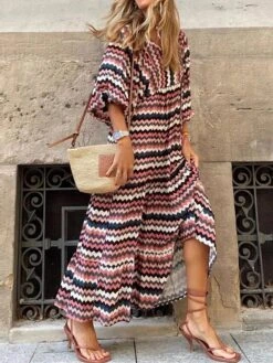 Women's Casual Dress Swing Dress Boho Dress Geometric Stripe Ruffle Print Split Neck Puff Sleeve Long Dress Maxi Dress Fashion Classic Outdoor Daily 3/4 Length Sleeve Loose Fit Pink Red Blue Summer