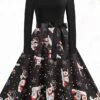 Women's Christmas Vintage Dress Midi Dress Black And White Green Black Long Sleeve Santa Claus Bow Winter Fall Autumn Square Neck Stylish Christmas Vacation 2022 S M L XL XXL 3XL