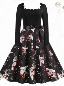 Women's Christmas Vintage Dress Midi Dress Black And White Green Black Long Sleeve Santa Claus Bow Winter Fall Autumn Square Neck Stylish Christmas Vacation 2022 S M L XL XXL 3XL