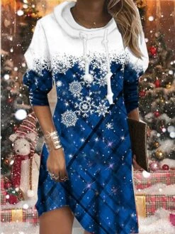 Women's Christmas Hoodie Dress Shift Dress Mini Dress Green Blue Wine Long Sleeve Plaid Snowflake Print Winter Fall Hooded Vacation Casual 2022 S M L XL XXL 3XL -Casual Print Dress Sales gobgan1668068037567