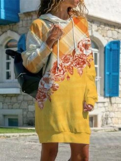 Women's Casual Dress Hoodie Dress Winter Dress Floral Plaid Print Hooded Mini Dress Fashion Streetwear Outdoor Daily Long Sleeve Loose Fit Black Yellow Pink Fall Winter S M L XL XXL -Casual Print Dress Sales gocbri1692958587823