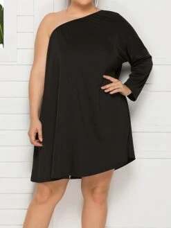 Women's Plus Size Curve Casual Dress Swing Dress Black Dress Plain Mini Dress Long Sleeve One Shoulder Fashion Daily Black Fall Winter L XL XXL 3XL 4XL