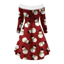 Women's Christmas Swing Dress Vintage Dress Mini Dress Green Light Green Wine Red Navy Blue White Long Sleeve Snowman Tree Snowflake Backless Feather Print Winter Fall Off Shoulder Vacation Stylish -Casual Print Dress Sales gooarn1666597247122