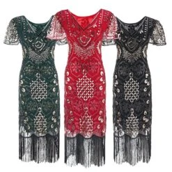 Women's Retro 1920s Fringe Dress Midi Dress Party Halloween Sequins Tassel Fringe Floral V Neck Short Sleeve Regular Fit Spring Fall 2023 Silver Red S M L XL
