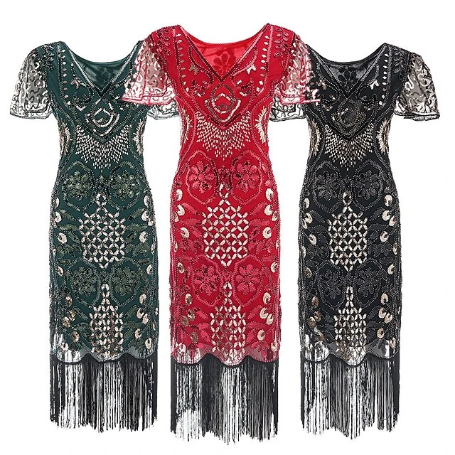 Women's Retro 1920s Fringe Dress Midi Dress Party Halloween Sequins Tassel Fringe Floral V Neck Short Sleeve Regular Fit Spring Fall 2023 Silver Red S M L XL 1 Women's Retro 1920s Fringe Dress Midi Dress Party Halloween Sequins Tassel Fringe Floral V Neck Short Sleeve Regular Fit Spring Fall 2023 Silver Red S M L XL