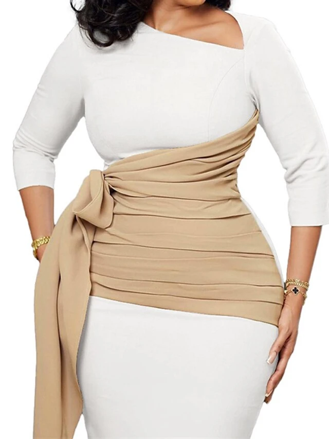 Women‘s Plus Size Curve Work Dress Color Block V Neck 3/4 Length Sleeve Spring Fall Work Elegant Knee Length Dress Work Work Dress Dress 2 Women‘s Plus Size Curve Work Dress Color Block V Neck 3/4 Length Sleeve Spring Fall Work Elegant Knee Length Dress Work Work Dress Dress - Image 2