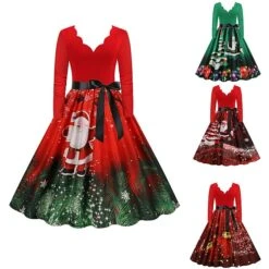 Women's Christmas Party Dress Swing DressKnee Length Dress Green Wine Dark Green Red Black Long Sleeve Santa Claus Elk Snowman Print Fall Winter V Neck Vintage Party Elegant Party 2022 S M L XL XXL