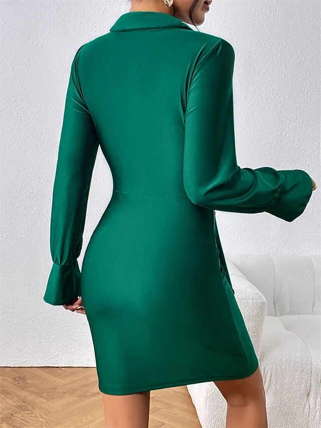 Women's Shirt Dress Casual Dress Sheath Dress Mini Dress Outdoor Daily Date Polyester Fashion Modern Shirt Collar Ruched Long Sleeve Fall Winter 2023 Regular Fit Green Pure Color S M L XL 3 Women's Shirt Dress Casual Dress Sheath Dress Mini Dress Outdoor Daily Date Polyester Fashion Modern Shirt Collar Ruched Long Sleeve Fall Winter 2023 Regular Fit Green Pure Color S M L XL - Image 3