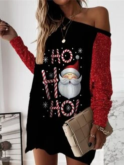 Women‘s Christmas Casual Dress Sweatshirt Dress Mini Dress Warm Fashion Outdoor Holiday Crew Neck Print Santa Claus Snowman Loose Fit Black White Blue S M L XL XXL