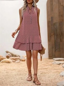 Women's Casual Dress Tank Dress Summer Dress Geometric Hollow Out Print Stand Collar Mini Dress Fashion Streetwear Outdoor Date Sleeveless Regular Fit Black Red Blue Summer Spring S M L XL XXL -Casual Print Dress Sales grlkpo1686117824667