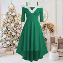 Women's Christmas Swing Dress Skater Dress Green Red Black Long Sleeve Pure Color Cold Shoulder Plus High Low Winter Fall V Neck Classic ModernFall Dress Slim 2022 S M L XL 2XL 3XL / Winter Dress -Casual Print Dress Sales grqqut1668155196760