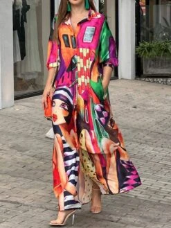 Women's Shirt Dress Casual Dress Swing Dress Midi Dress Outdoor Daily Vacation Polyester Fashion Casual Shirt Collar Button Pocket 3/4 Length Sleeve Summer Spring Fall 2023 Loose Fit Orange Abstract