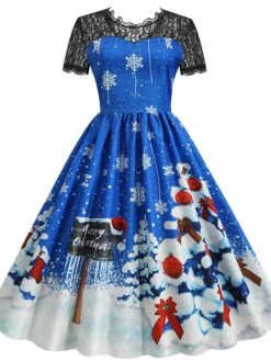 Women's Christmas Casual Dress Swing Dress Midi Dress Blue Purple Red Short Sleeve Tree Lace Print Winter Fall Crew Neck Vacation Vintage 2022 S M L XL XXL 3XL