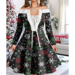 Women's Christmas Swing Dress Vintage Dress Mini Dress Green Light Green Wine Red Navy Blue White Long Sleeve Snowman Tree Snowflake Backless Feather Print Winter Fall Off Shoulder Vacation Stylish -Casual Print Dress Sales gswwdm1667977598792