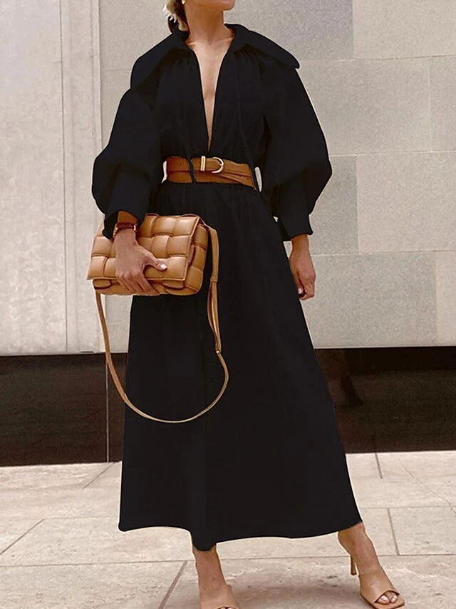 Women's Casual Dress Plain Dress Long Dress Maxi Dress Lace Up Ruched Work Daily Date Active Fashion V Neck Long Sleeve 2023 Loose Fit Black Yellow Red Color S M L XL Size 3 Women's Casual Dress Plain Dress Long Dress Maxi Dress Lace Up Ruched Work Daily Date Active Fashion V Neck Long Sleeve 2023 Loose Fit Black Yellow Red Color S M L XL Size - Image 3