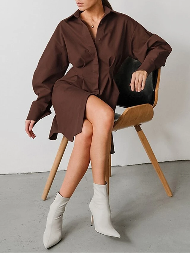 Women's Shirt Dress Casual Dress Mini Dress Outdoor Daily Date Polyester Fashion Basic Shirt Collar Button Long Sleeve Fall Winter 2023 Regular Fit Black White Brown Pure Color S M L 2 Women's Shirt Dress Casual Dress Mini Dress Outdoor Daily Date Polyester Fashion Basic Shirt Collar Button Long Sleeve Fall Winter 2023 Regular Fit Black White Brown Pure Color S M L - Image 2