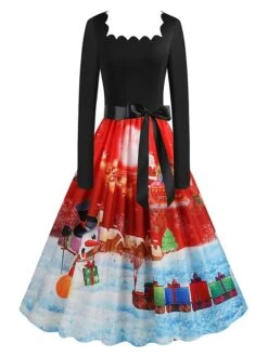 Women's Christmas Vintage Dress Swing Dress Mini Dress Black Pink Dark Blue Red Navy Blue Light Blue Long Sleeve Santa Claus Elk Snowman With Belt Print Winter Fall Square Neck 2022 S M L XL -Casual Print Dress Sales gtvihh1666676136872