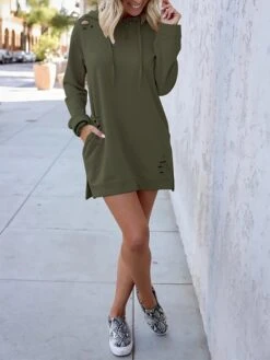 Women's Casual Dress Hoodie Dress Plain Dress Mini Dress Pocket Ripped Outdoor Daily Going Out Active Fashion Hooded Long Sleeve 2023 Loose Fit Pink Khaki Army Green Color S M L XL Size -Casual Print Dress Sales gvaobz1694487460201