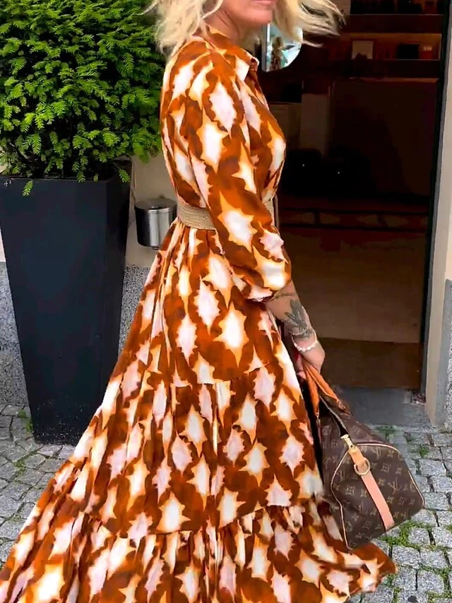 Women's Casual Dress Swing Dress Print Dress Geometric Color Block Button Belted Shirt Collar Long Dress Maxi Dress Fashion Streetwear Outdoor Date Long Sleeve Loose Fit Brown Spring Fall S M L XL XXL 3 Women's Casual Dress Swing Dress Print Dress Geometric Color Block Button Belted Shirt Collar Long Dress Maxi Dress Fashion Streetwear Outdoor Date Long Sleeve Loose Fit Brown Spring Fall S M L XL XXL - Image 3