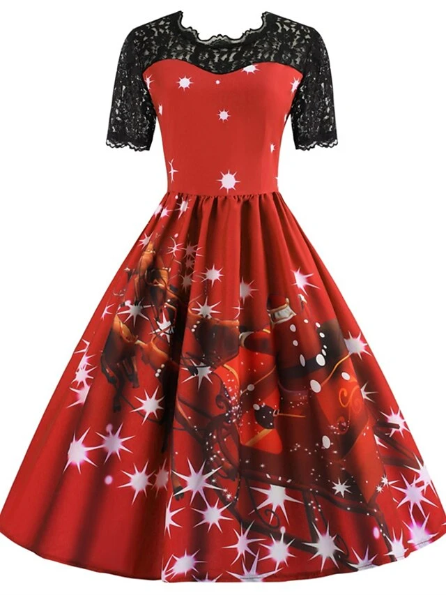 Women's Christmas Lace Dress Swing Dress Maxi Long Dress Claret Green Blue Purple Red Rose Red Short Sleeve Santa Claus Print Lace Patchwork Winter Fall Crew Neck Vintage Fashion Elegant 2022 S M L 3 Women's Christmas Lace Dress Swing Dress Maxi Long Dress Claret Green Blue Purple Red Rose Red Short Sleeve Santa Claus Print Lace Patchwork Winter Fall Crew Neck Vintage Fashion Elegant 2022 S M L - Image 3