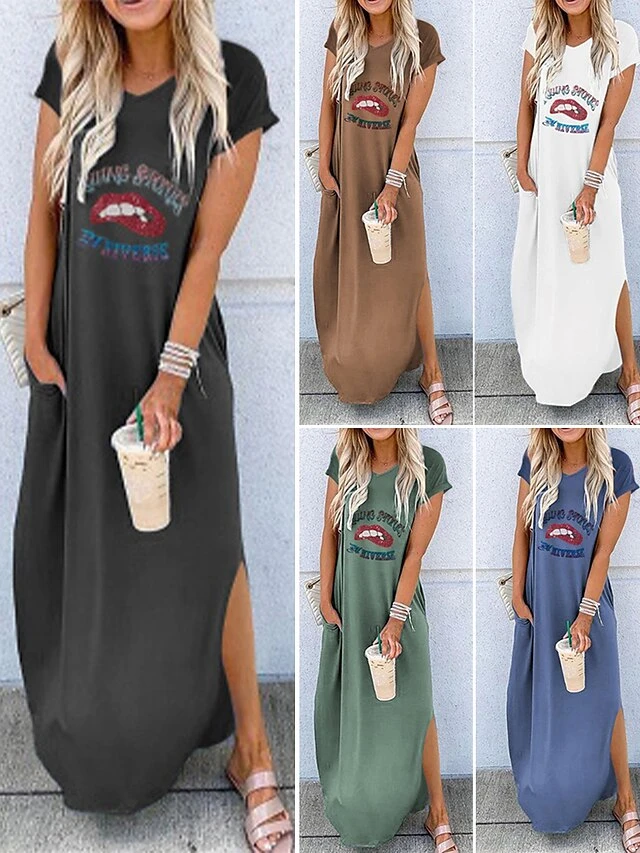 Women's Long Dress Maxi Dress Casual Dress T Shirt Dress Tee Dress Summer Dress Letter Casual Modern Outdoor Daily Weekend Split Print Short Sleeve V Neck Dress Regular Fit Black White Blue Spring 2 Women's Long Dress Maxi Dress Casual Dress T Shirt Dress Tee Dress Summer Dress Letter Casual Modern Outdoor Daily Weekend Split Print Short Sleeve V Neck Dress Regular Fit Black White Blue Spring - Image 2