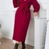 Women‘s Plus Size Curve Work Dress Sheath Dress Semi Formal Dress Fashion Midi Dress Lace Up Split V Neck Long Sleeve Plain Regular Fit Wine Spring Fall XL XXL 3XL 4XL