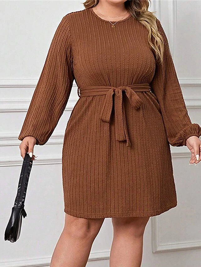 Women's Plus Size Curve Casual Dress Winter Dress Knit Dress Plain Midi Dress Long Sleeve Lace Up Crew Neck Fashion Outdoor Brown Fall Winter XL XXL 3XL 5 Women's Plus Size Curve Casual Dress Winter Dress Knit Dress Plain Midi Dress Long Sleeve Lace Up Crew Neck Fashion Outdoor Brown Fall Winter XL XXL 3XL - Image 5