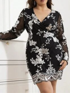 Women's Plus Size Curve Party Dress Sequin Dress Bodycon Floral Mini Dress Long Sleeve Mesh V Neck Fashion Party Black White Fall Winter XL XXL 3XL 4XL 16 Women's Plus Size Curve Party Dress Sequin Dress Bodycon Floral Mini Dress Long Sleeve Mesh V Neck Fashion Party Black White Fall Winter XL XXL 3XL 4XL -Casual Print Dress Sales gxhwvr1693804852747