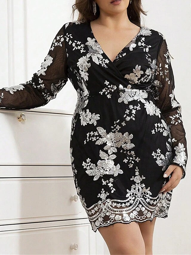 Women's Plus Size Curve Party Dress Sequin Dress Bodycon Floral Mini Dress Long Sleeve Mesh V Neck Fashion Party Black White Fall Winter XL XXL 3XL 4XL 8 Women's Plus Size Curve Party Dress Sequin Dress Bodycon Floral Mini Dress Long Sleeve Mesh V Neck Fashion Party Black White Fall Winter XL XXL 3XL 4XL - Image 8