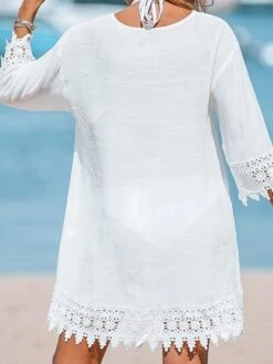 Women's Beach Dress Beach Wear Mini Dress Lace Casual Plain V Neck 3/4 Length Sleeve Vacation Going Out Almond 2023 Summer Spring S M L XL -Casual Print Dress Sales gyowmo1684399208728