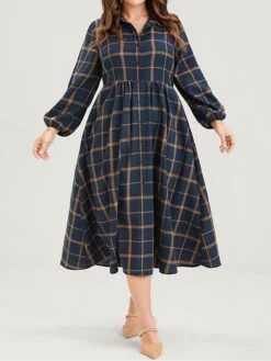 Women's Plus Size Curve Shirt Dress Casual Dress Swing Dress Plaid Midi Dress Long Sleeve Button Pocket Shirt Collar Fashion Outdoor Dark Blue Fall Winter L XL 2XL 3XL 4XL -Casual Print Dress Sales gywmjy1697164653085
